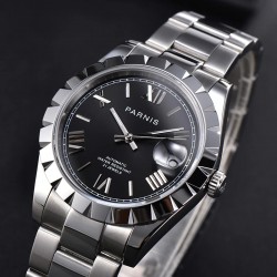 Parnis 39.5mm Black Dial Roman Scale Automatic Mechanical Mens Watch Silver Stainless Steel Bracelet