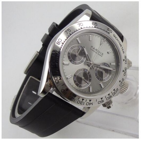 Parnis 39mm Grey Dial Men Sport Chronograph Watch Quartz Movement Wristwatch Rubber Strap