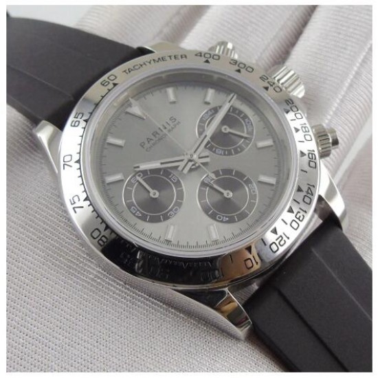 Parnis 39mm Grey Dial Men Sport Chronograph Watch Quartz Movement Wristwatch Rubber Strap