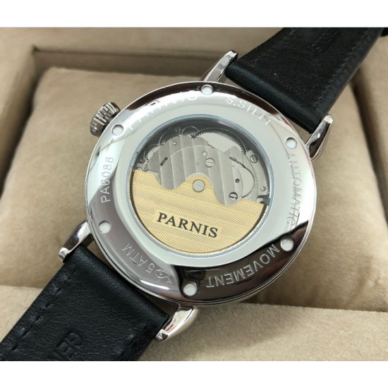 Parnis 42mm Black dial GMT Automatic Arab mark date window Men Watch leather strap 
