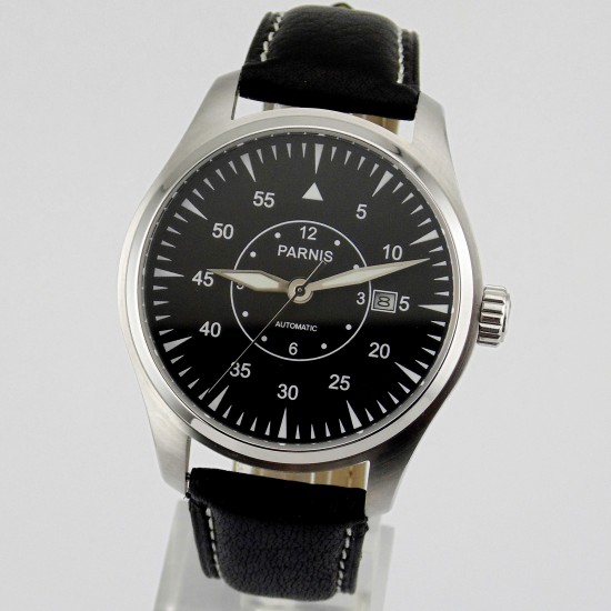 Parnis 44mm Black Dial White Numbers Miyota Automatic Sapphire Mens Stainless steel Watch