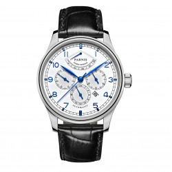 Parnis 43mm White Dial Blue Numbers Sapphire Crystal Chronograph Miyota 9100 Automatic Men Watch