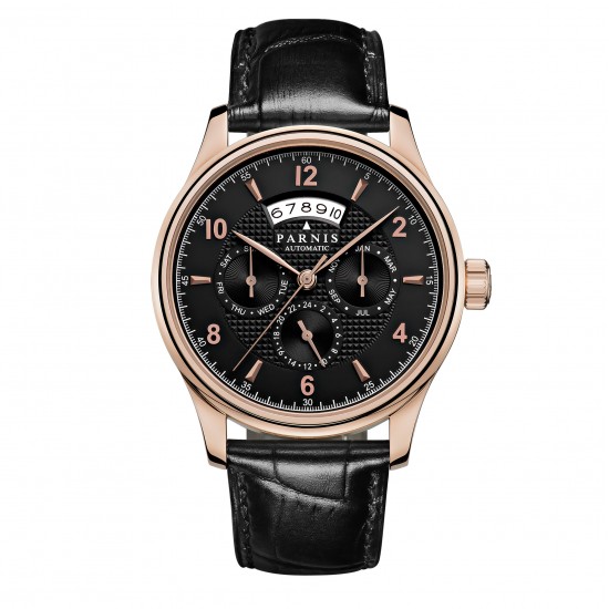 Parnis 43mm Black Dial Golden Case Sapphire Crystal Chronograph Miyota 9100 Automatic Men Watch
