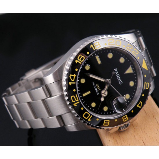Parnis black dial yellow GMT SEA Style Ceramic Bezel automatic mens watch