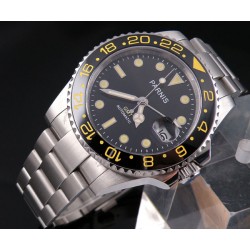 Parnis black dial yellow GMT SEA Style Ceramic Bezel automatic mens watch